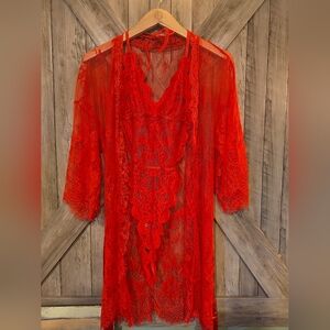 Avidlove Womens Lace 2 Piece Matching Set Lingerie Robe And Teddy Sz Medium Red